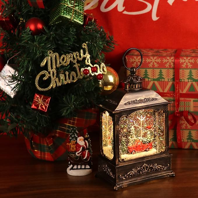 GenSwin Musical Car Snow Globe Lantern with 6 Hour Timer, Battery Operated & USB Powered Singing Spinning Water Glittering Snow Globe Lantern Christmas Home Decoration Gift(9.6”,3 AA)
