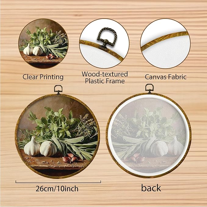 Hiuwevt Vintage Rustic Kitchen Round Wall Art Decor, Country Botanical Culinary Framed Canvas Prints, Retro Farmhouse Cottagecore Round Wall Hanging Decor for Bedroom Home Decorations, 10x10 Inches