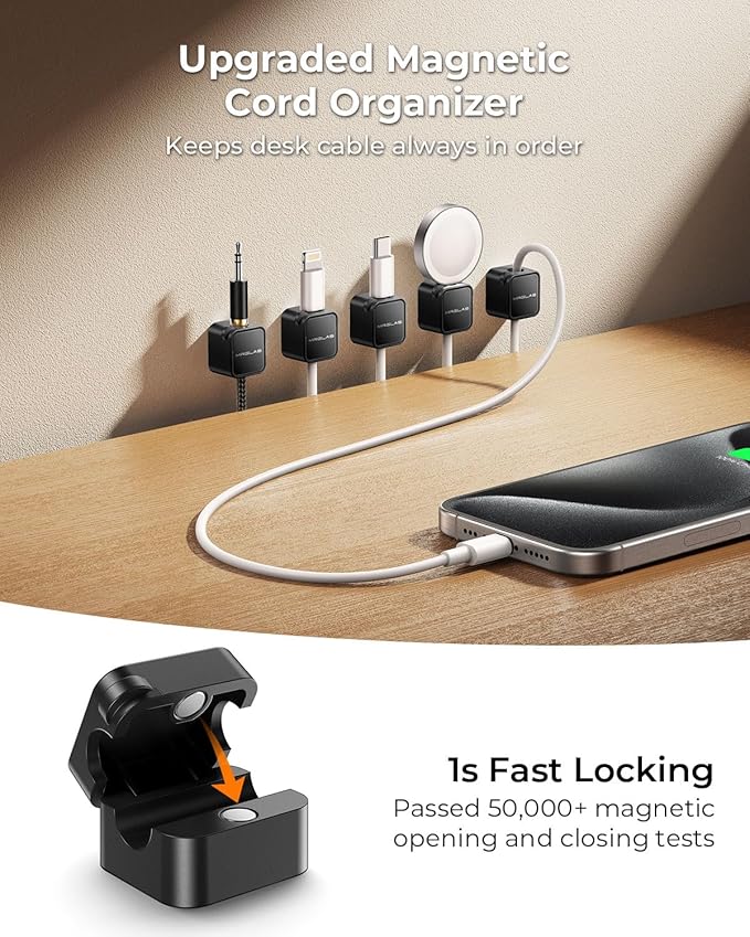 MRGLAS 10-Pack Magnetic Cable Management Cord Organizer,[1s Lock] Cable Holder Clips -Desk Cable Clips [Cable Smooth Adjustable], Adhesive Wire Organizer Keeper for Nightstand Desktop Car Office-Black