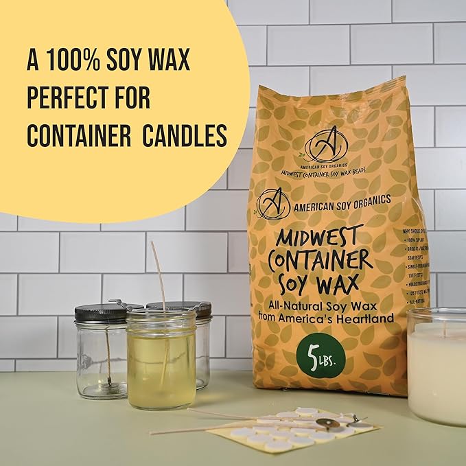 American Soy Organics 100% Midwest Soy Wax Beads for Candle Making - Natural Candle Making Supplies - Paraffin-Free, Beeswax-Free Candle Wax for Container Candles, Tealights and Wax Melts, 5 lbs