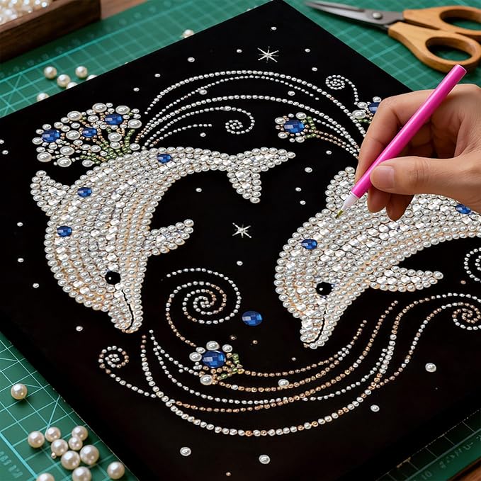 DIY Pearl Painting Kit with Wooden Frame, 3D Plastic Pearl Gemstone Ocean Art Craft for Adults Beginners, Diamond Art Kits for Adults, Home Wall Decor Ready Gift for Women(Dolphins)(30 * 30cm)