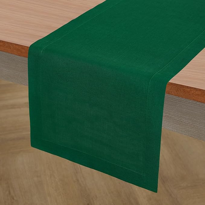Solino Home Linen Christmas Green Table Runner 144 Inches Long - 100% Pure Linen Extra Long Table Runner 14 x 144 Inch for St Patricks Day - Fete