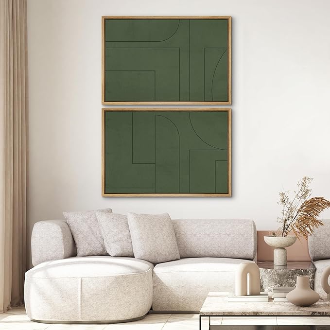 SIGNWIN Framed Canvas Print Wall Art Set Green Mid-Century Polygon Landscape Abstract Shapes Digital Art Modern Art Decorative Minimalism Vintage for Living Room, Bedroom, Office - 16"x24"x2 Natural