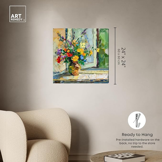Art Remedy Vase By The Window Gallery Wrapped Impressionism 1 Piece Canvas Wall Art/Monet And Van Gogh Inspired Art, 24" x 24", Gallery Wrapped