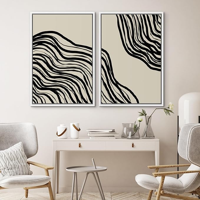 SIGNWIN Framed Canvas Print Wall Art Set Dark Geometric Spiral Wave Collage Abstract Shapes Cozy Neutral Modern Art Minimalism Decorative Nordic for Living Room, Bedroom, Office - 24"x36"x2 White