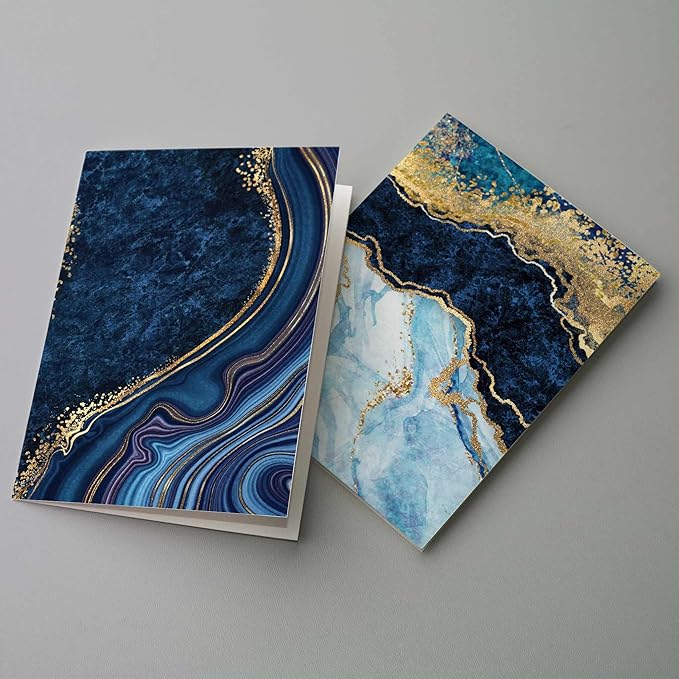 All Occasion Abstract Greeting Cards Boxed Set - 24 Blank Just Because or Thank You Cards w/White Envelopes - Marbled Agate Designs on High-Quality Card Stock by RitzyRose (Blue and Gold)