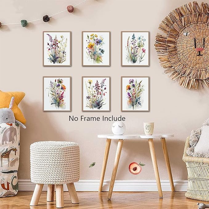 Colorful Wildflower Art,Watercolor Minimalist Wildflowers Art Print,Modern Botanical Plant Leaves Canvas Wall art,Blooming Flower Artwork for Garden Farmhouse Decor (Set of 6) - Unframed - 8X10 inch