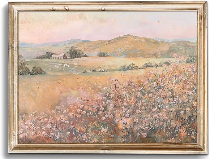 uniro Vintage Wall Art Prints Wildflower Farmhouse Wall Decor, Vintage Landscape Canvas Oil Painting Peach Pink Flowers Mounatin Artwork for Bedroom Nursery Decor (8" x 10"-UNFRAMED)