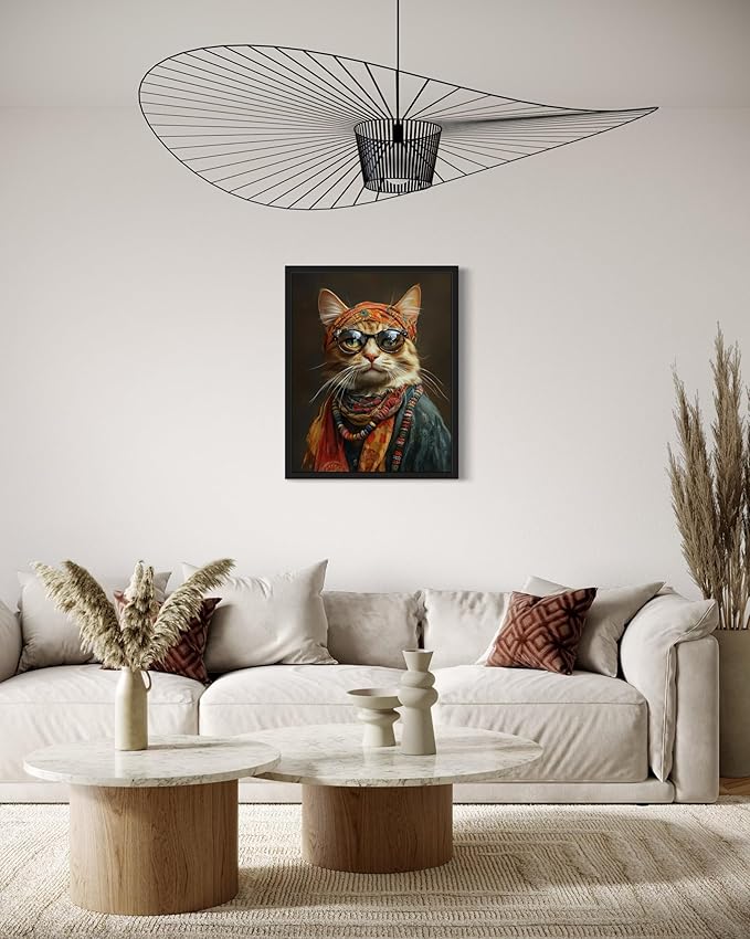 Hippie Art Poster Print, Cat Kitten Painting Humor Portrait Pet Artwork Decor Gallery A8 (Hippie Portrait, 16 x 20 inches, Black Frame)