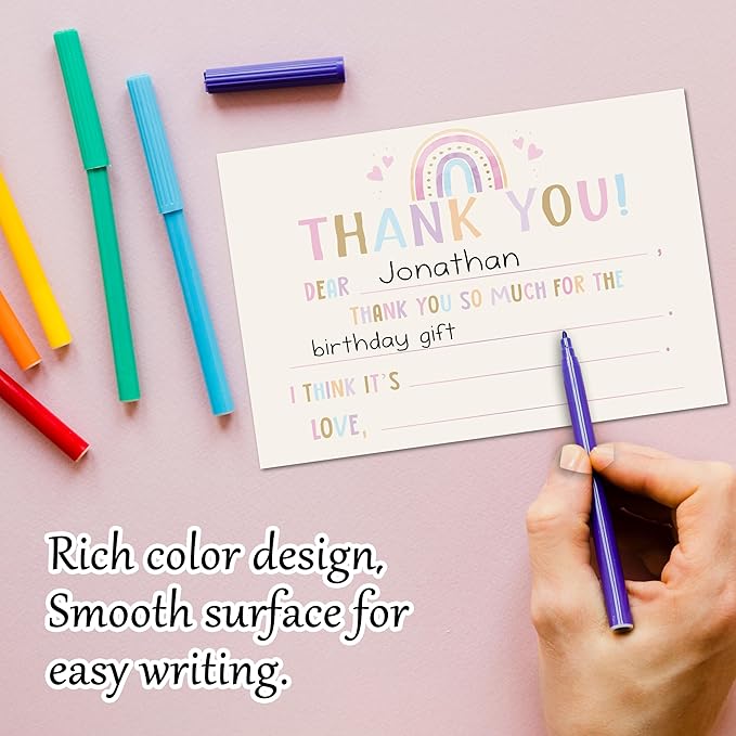 Boho Kids Thank You Cards, Rainbow Thank You Card For Baby Shower Birthday Party, Kids Fill In The Blank Birthday Cards, 20 Pack Cards With Envelopes For Boys Girls, 016