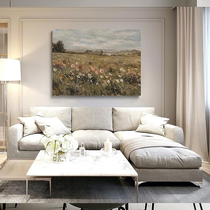 Large Botanical Landscape Wall Art-Large Wild Flower Art,Wildflower Field Vintage Landscape Print,Wild Flower Horizontal Art,Botanical Floral Panoramic Wall Art,Living Room Decor24x36 Framed