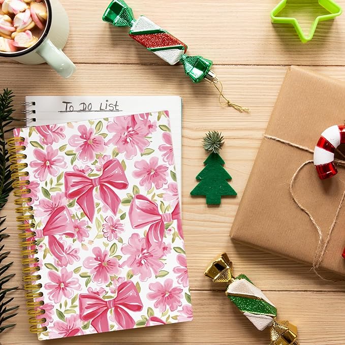 Coquette Pink Bow Floral Spiral Notebook For Women, Maximalist Journaling Notebooks, Cute Pink Notebook Journal, Pink Office Supplies, Hardcover Spiral Lined Notebook 5.5 x 8.3