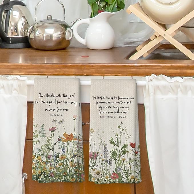 Vintage Floral Christian Kitchen Dish Towels, Christian Gifts for Women, Retro Wildflower Bible Religious Scripture Hand Towels Kitchen Tea Towels Decorations, 16x24inch Set of 2
