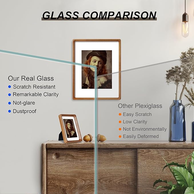 4x6 Picture Frame Natural Teak Wood with Mat for 3.5x5, Original Natural Solid Wood 4 by 6 Photo Frames with Tempered Glass Cover for Wall and Tabletop Display