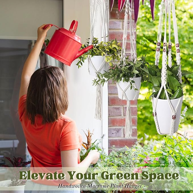 Flexzion Hanging Macrame Plant Holder - 4-Set Pot Hangers for Plants, Boho Hanging Planters for Indoor Use, Handwoven Cotton Rope Plant Hanger Set with C & S Hooks (Plant & Pot Not Included)