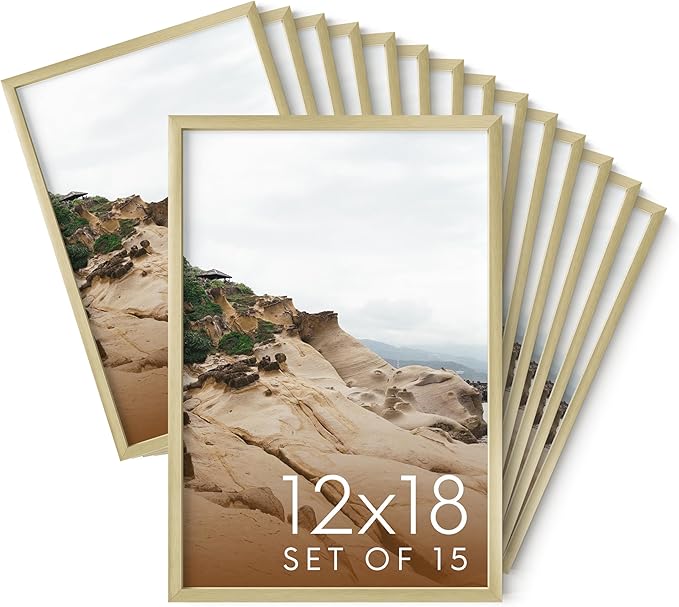 HAUS AND HUES 12x18 Gold Metal Picture Frames - Premium Aluminum with Vertical & Horizontal Hanging, Shatterproof Plexiglass - Perfect for Home, Office (12x18 in, Gold, Set of 15)
