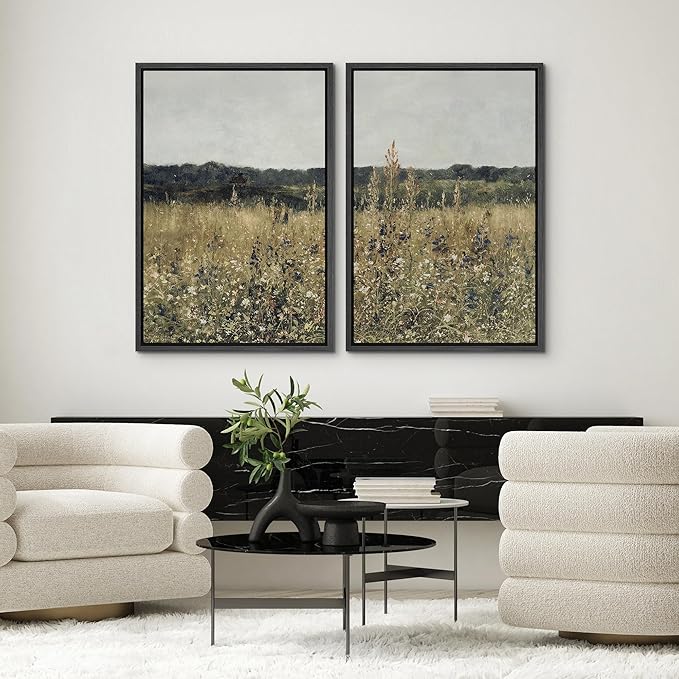 SIGNWIN Framed Canvas Print Wall Art Set Wildflower Meadow Under a Gentle Overcast Sky Illustration Modern Art Minimalism Decorative Nordic for Living Room, Bedroom, Office - 24"x36"x2 Black