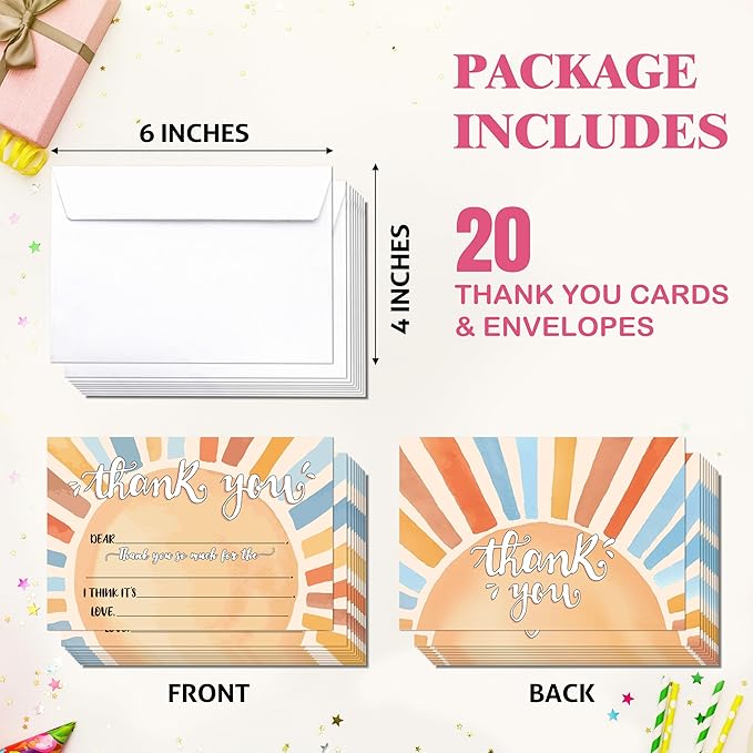 Boho Kids Thank You Cards, Boho Sunshine Thank You Card For Baby Shower Birthday Party, Kids Birthday Cards Fill In The Blank, 20 Pack Cute Greeting Cards With Envelopes For Boys And Girls, 002