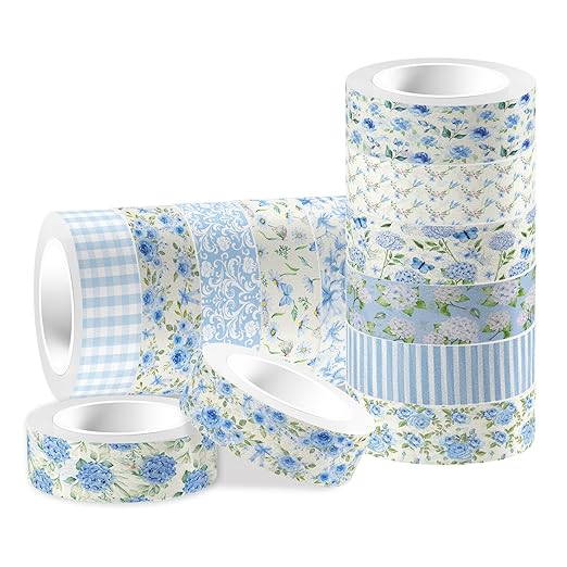 Hydrangea Washi Tape 12 Rolls Blue Hydrangea Tape Masking Decorative Blue Flower Washi Tape for DIY Craft Gift Wrapping Handbook Sticker Scrapbook Journaling Party Favor