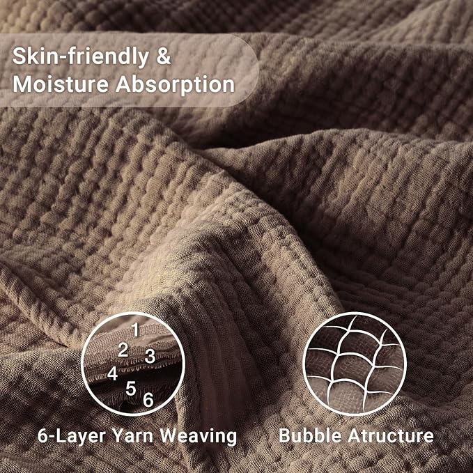 100% Cotton Muslin Blanket Large 50"x 70", Breathable and Lightweight Cotton Throw Blanket for Bed and Couch, Soft Cooling Summer Gauze Blanket for Adults All Season, Linen Brown