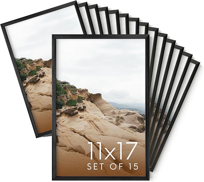 HAUS AND HUES 11x17 Black Metal Picture Frames - Features Premium Aluminum, Vertical & Horizontal Hang, Shatterproof Plexiglass - Ideal for Home, Room, Office (11x17 in, Black, Set of 15)