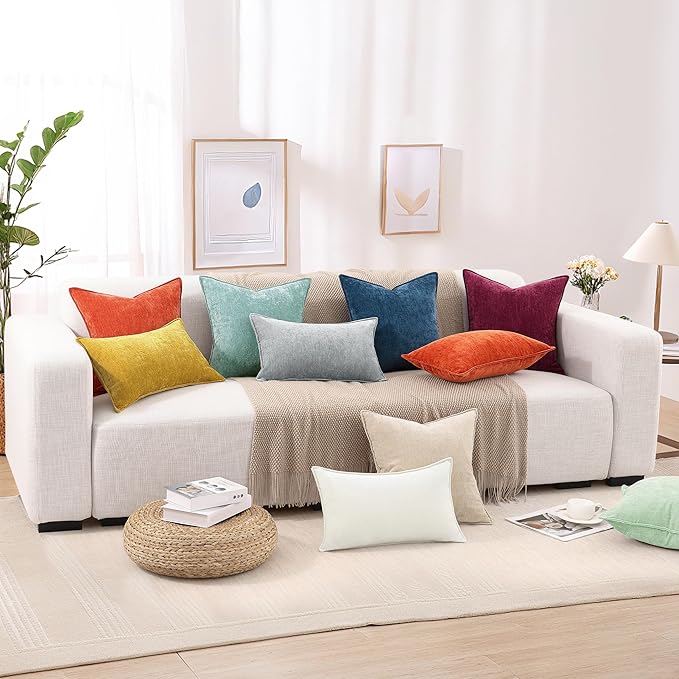 decorUhome Spring Couch Euro Sham Throw Pillow Covers 22x22 Set of 2, Decorative Soft Velvet Neutral Chenille Pillow Covers with Elegant Design for Sofa Bed Living Room Home Decor, Aqua Haze