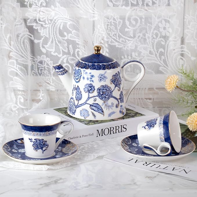Tea Set for Adults Ceramic Tea Pots and Tea Cup Set, Royal Blue Tea Cups and Saucers Set for Afternoon Tea, Party, Home, Office, Porcelain Chinese Gong Fu Tea Set with Gold Rim (Navy Gold Seal)