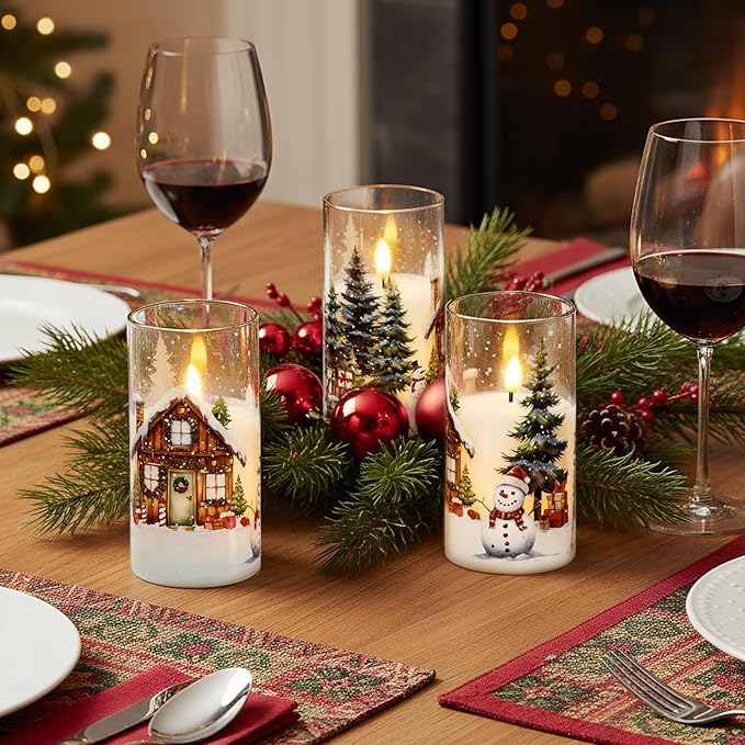 GenSwin Christmas Flameless Candles with Remote Timer, Set of 2 Christmas LED Glass Battery Operated Candles with Cedar, Snowman, Reindeer, Snowy House Decals for Holiday Winter Home Decor(D3” x H6”)