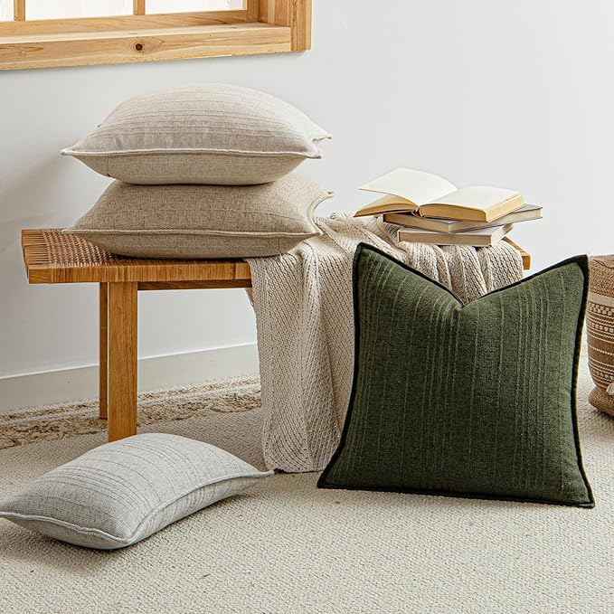 a moment Linen Pillow Covers Set of 2,Boho Farmhouse Throw Pillowcases Neutral Textured Decorative Covers for Couch Sofa,Linen Blend Accent Case Cushion Living Room Home Decor 22"x22"Dark Green