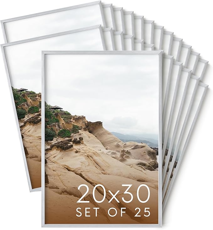 HAUS AND HUES 20x30 Silver Metal Picture Frames - Features Premium Aluminum, Vertical & Horizontal Hang, Shatterproof Plexiglass - Perfect for Home, Room, Office (20x30 in, Silver, Set of 25)