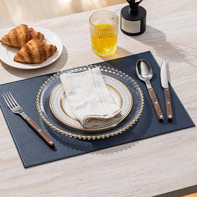 Faux Leather Placemats Set of 12 Vinyl Washable Wipeable Table Mats for Kitchen Dining Table Heat Resistant Waterproof Modern Indoor/Outdoor Placemats Non-Slip Easy Clean Place Mats-Navy Blue