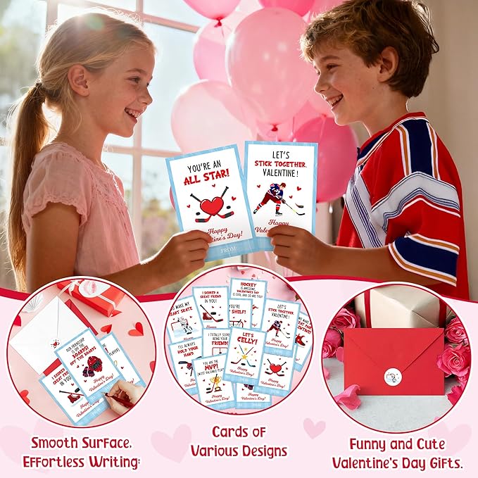 TICIAGA 72pcs Valentine’s Day Ice Hockey Greeting Cards with Envelop and Stickers for Kids, 4 x 6 IN Sporty Design Hockey Exchange Gift Cards for Boys Girls Classroom Supplies, Valentines Party Favors