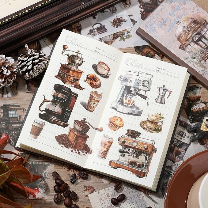 Coffee Scrapbook Stickers 36 Sheets 200 Pre-Cut Washi Stickers for Journaling PET Transparent Book Sticker 18 Sheets Scrapbook Paper Decorative or DIY Crafts Arts and Crafting Projects