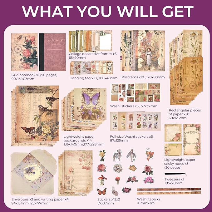 Funto Scrapbooking Kit (202 PCS), Vintage Collection-Rose Angel, Perfect for Bullet Scrapbooking Materials, Planner DIY Arts Craft Collage