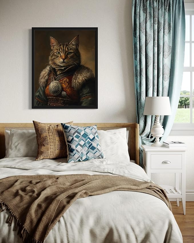 Viking Cat Art Poster Print, Cat Kitten Painting Humor Portrait Pet Artwork Decor Gallery A8 (Viking, 16 x 20 inches, Black Frame)