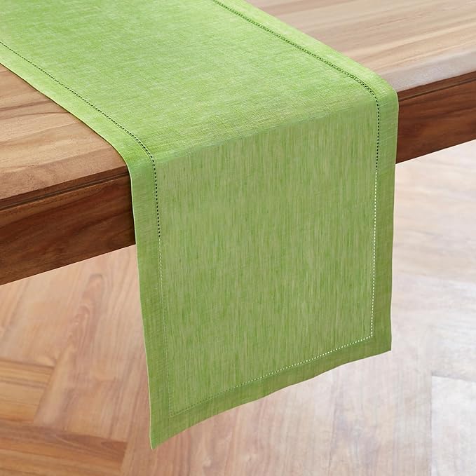 Solino Home Linen Table Runner 60 Inches - 100% Pure Linen Chambray Lime Green Hemstitch Table Runner 14 x 60 Inch Ideal for Dresser and Coffee Tables, Spring, St Patricks Day, Easter - Milan