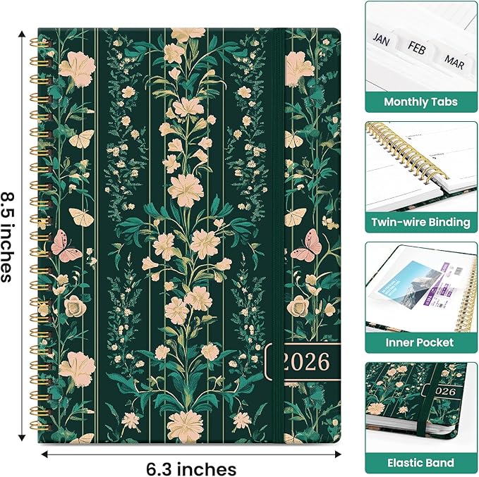 2026 Planner, Weekly and Monthly Calendar Planner for Women, Jan 2026 - Dec 2026, Hardcover Planning Agenda book with Tabs, Spiral Bound, Inner Pocket, Perfect for School Office Supplies, 6.3" x 8.5" - Botanical Waltz