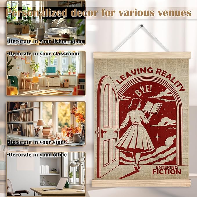 Vintage Reading Woman Book Canvas Wall Art Poster, Reading Nook Corner Decor, Leaving Reality Entering Fiction Wall Decor Prints for Library Reading Room Classroom Home, 12x16 Inches
