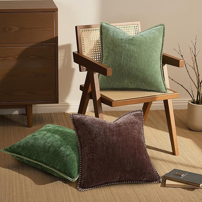 decorUhome Spring Chenille Soft Throw Pillow Covers 16x16 Set of 2, Farmhouse Velvet Neutral Decorative Pillow Covers with Stitched Edge for Couch Sofa Bed Home Decor, Chocolate
