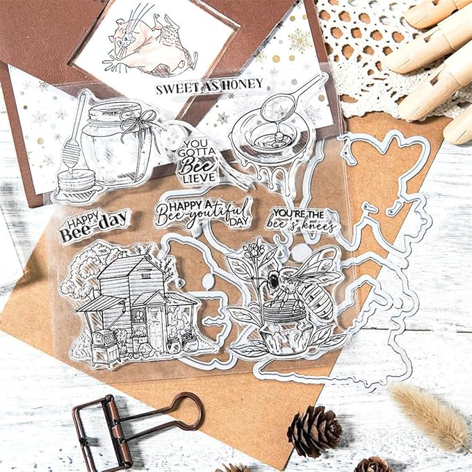 Honey Wooden House Stamps and Cutting Dies for Card Making DIY Transparent Silicone Clear Stamp and Metal Die Cuts Sets for Scrapbooking Paper Greeting Cards Decor Seals Craft Supplies