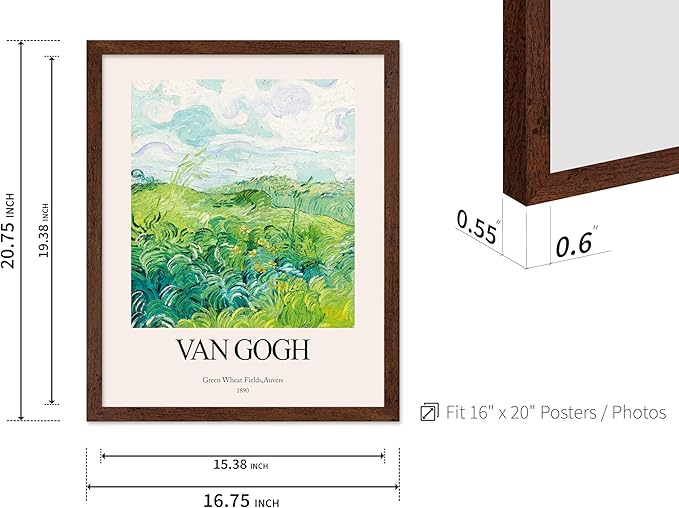 Monem Art Vintage Van Gogh Poster - Retro Impressionist Print - Green Wheat Fields, Auvers, Sky, Leaves, Landscape - Gift for Artist, Friend - Wall Decor for Home, Office, 16x20 Brown Framed