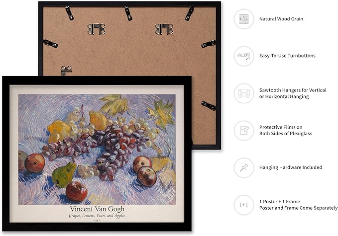 Monem Art Vintage Van Gogh Poster - Retro Grapes Lemons Pears and Apples Print - Impressionism Art - Fruit Art - Fine Art - Classic Painting Art - Great Kitchen Decor - 11x14 Black Framed