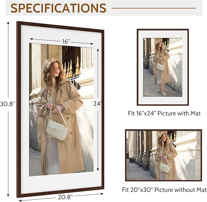 Dreamland Natural Oak Wood Picture Frame 20x30, Wooden Poster Frame with Mat for 16x24, 20 x 30 Matted Picture Frames with Tempered Real Glass for Wall Art Photo and Prints, Walnut Color, Set of 1