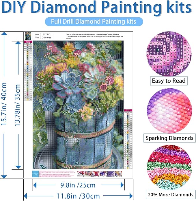 NWQZBYHT Succulent Diamond Art Kits for Adults,Succulents Plant 5D Diamond Painting Kits for Beginner,DIY Round Diamond Dots Gem Art for Adults, Paint by Diamonds Pictures Crafts Home Decor 12x16 Inch