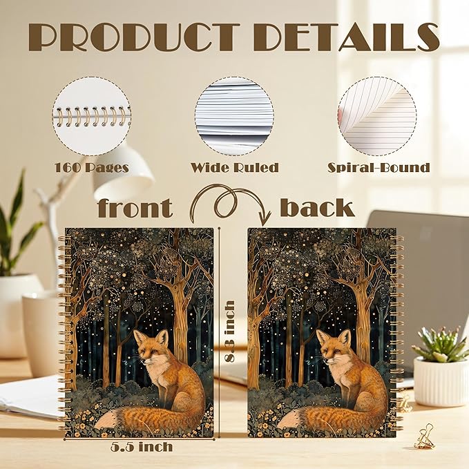 Vintage Starry Forest Fox Notebook, Fox Lover Gifts, Mystical Enchanted Forest Wild Animal Journal,Dark Cottagecore Aesthetic Spiral Notebook Journal, 5.5x8.3 Inch