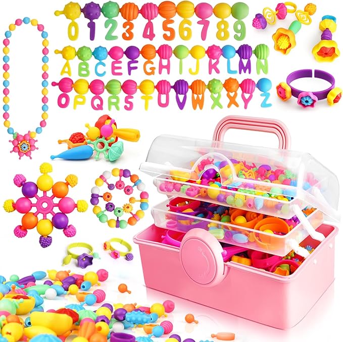 FUNZBO 850pcs Pop Beads - Jewelry Making Kit for 3 4 5 6 7 8 Year Old Little Girls, Arts and Crafts Toys for Kids, Necklace Bracelet Ring Hairband Creativity Snap Set Holidays Christmas Birthday Gifts