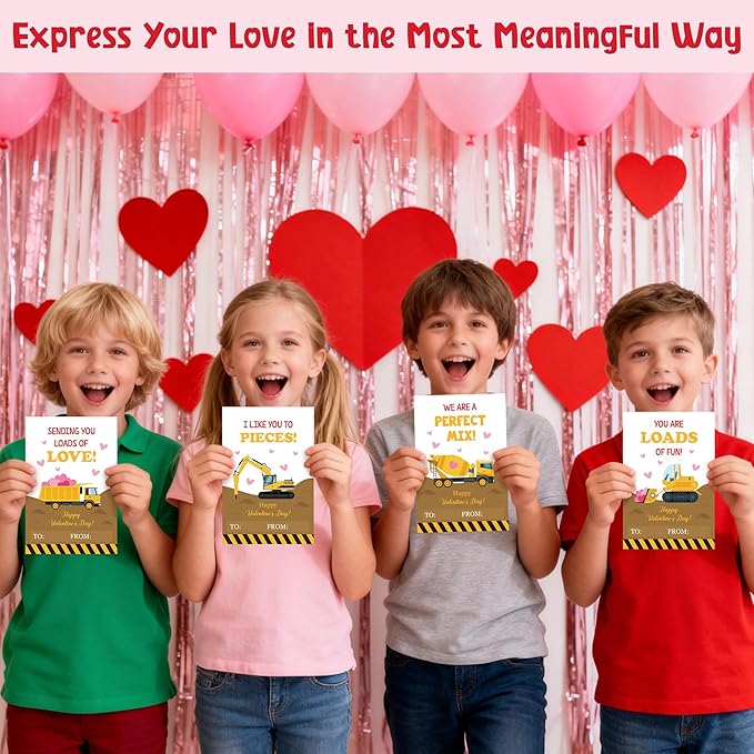 TICIAGA 144pcs Valentine’s Day Construction Truck Greeting Cards with Envelop and Sticker for Kid, 4 x 6 IN Excavator Notecard Exchange Gift for Boy Girl School Classroom Supply, Valentines Party Favor