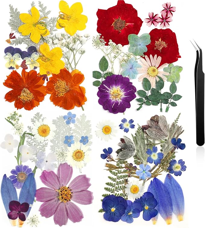 Nuanchu Dried Flower for Resin Crafts Pressed Flowers Bulk, Real Dried Wildflowers Leave Natural with Tweezer for Resin Mold Scrapbooking Nail Soap Candle Card Making DIY Christmas Crafts Supplies
