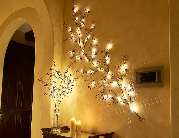 Hairui Red Berry Branches with Lights 32IN Battery Operated and USB Plug in, Lighted Willow Branches with Timer 80 LED Fairy Lights for Home Christmas Decoration Inside