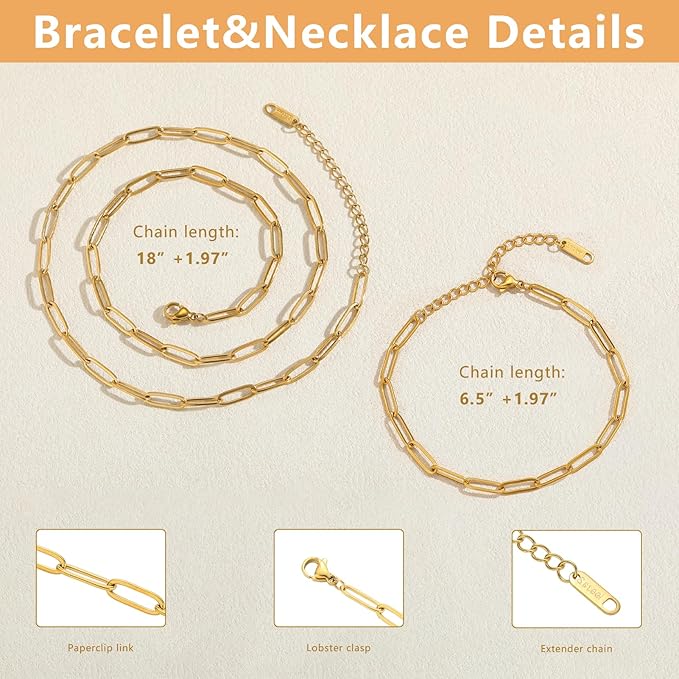 20 PCS Gold Plated Necklace Bracelet Chains Bulk Stainless Steel Paperclip Chain with Extender for Jewelry Making